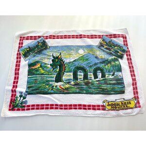 Vintage 70s Loch Ness Monster terry cloth towel, kitschy Nessie dish towel